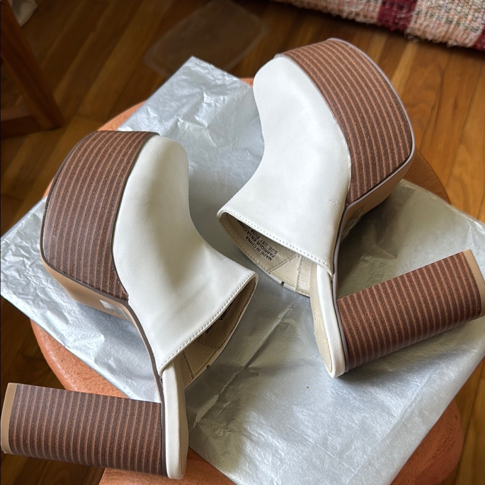 Urban Outfitters Cream and Brown Mules with Wooden Platform